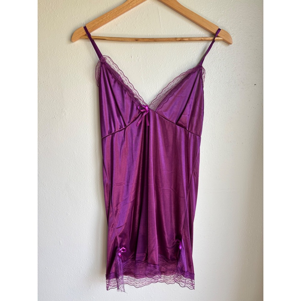 Purple‎ Satin Lace Trim Chemise Nightgown Slip Dress Bow Accents Sleeveless